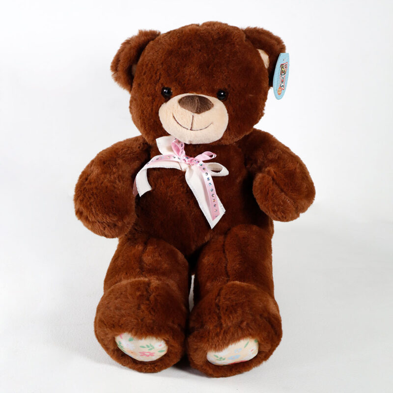 Peluche oso cafe oscuro con moño rosa mediano